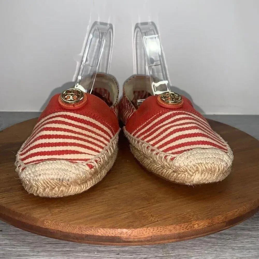 Tory Burch Size 9 Beacher Canvas Espadrille Flats Stiped Red Natural Logo Shoes